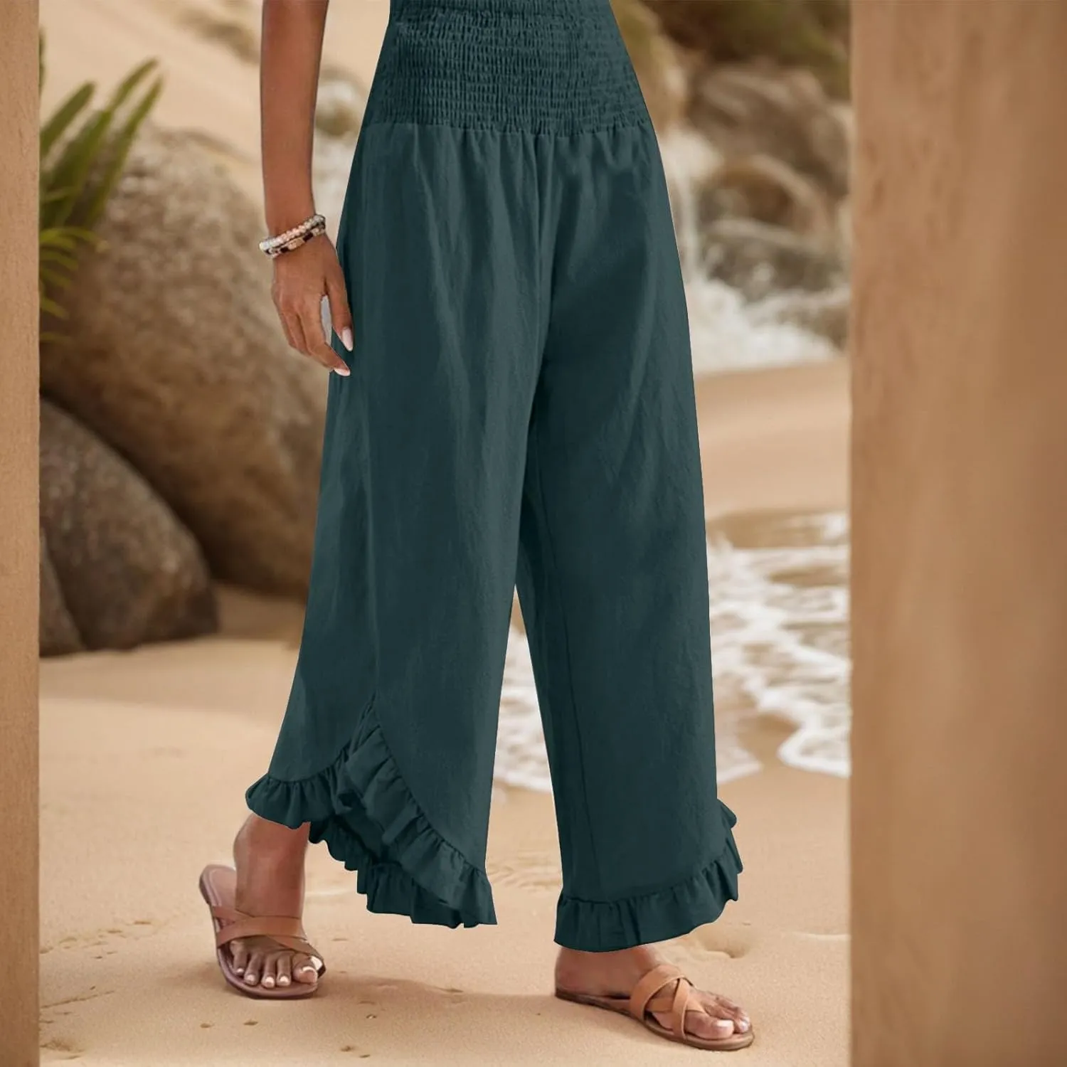Women Linen Pants Summer Wide Leg Pants Smocked Waist Ruffle Hem Palazzo Pant Boho Flowy Beach Pant with Pocket