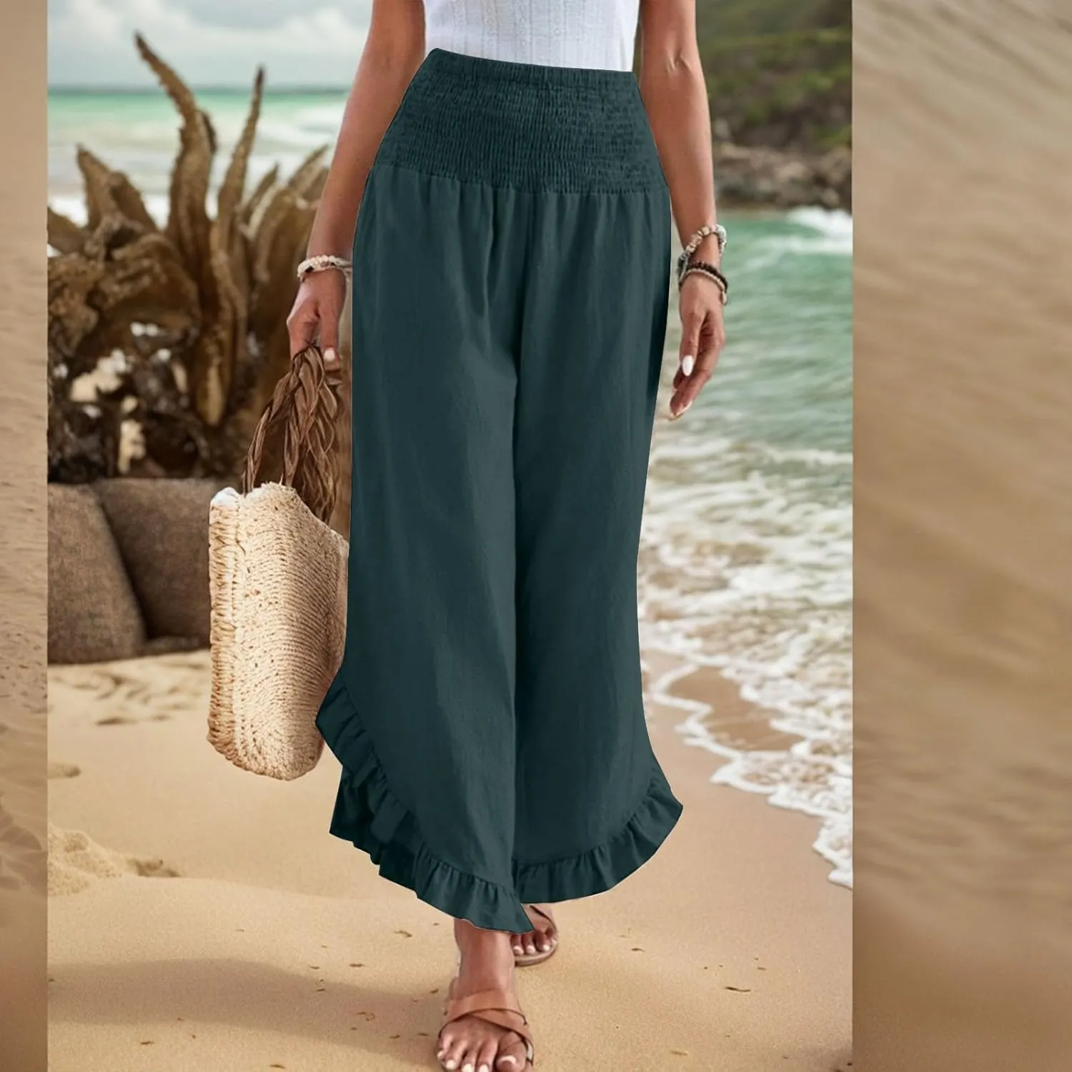 Women Linen Pants Summer Wide Leg Pants Smocked Waist Ruffle Hem Palazzo Pant Boho Flowy Beach Pant with Pocket