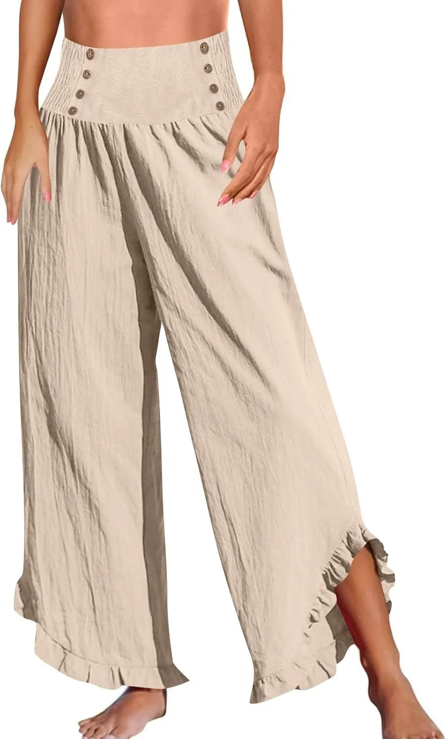Women Linen Pants Summer Wide Leg Pants Smocked Waist Ruffle Hem Palazzo Pant Boho Flowy Beach Pant with Pocket