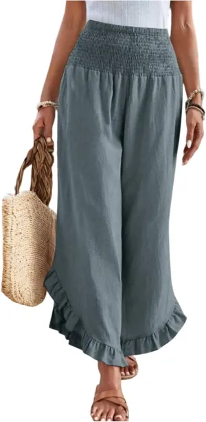 Women Linen Pants Summer Wide Leg Pants Smocked Waist Ruffle Hem Palazzo Pant Boho Flowy Beach Pant with Pocket
