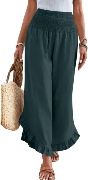 Women Linen Pants Summer Wide Leg Pants Smocked Waist Ruffle Hem Palazzo Pant Boho Flowy Beach Pant with Pocket