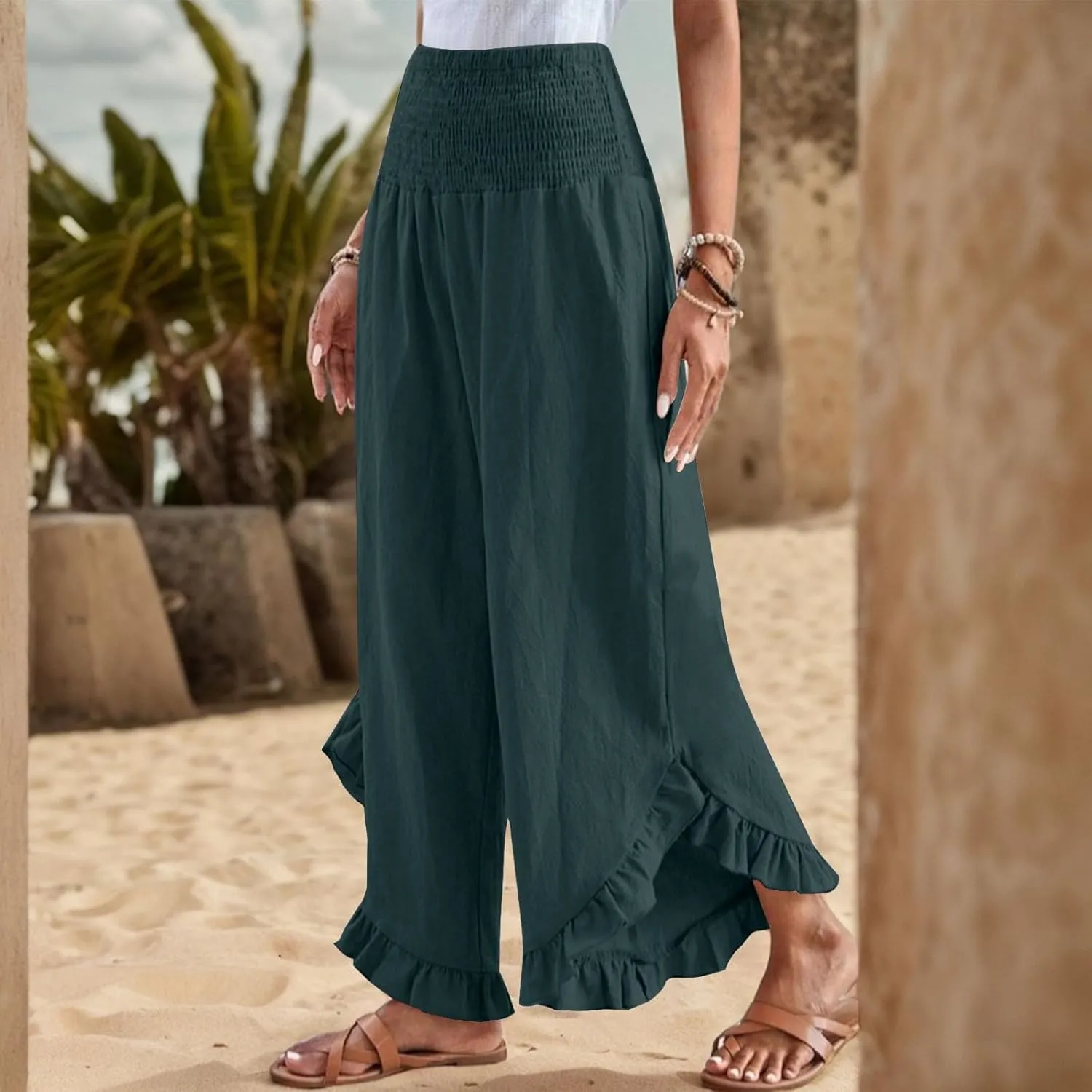 Women Linen Pants Summer Wide Leg Pants Smocked Waist Ruffle Hem Palazzo Pant Boho Flowy Beach Pant with Pocket