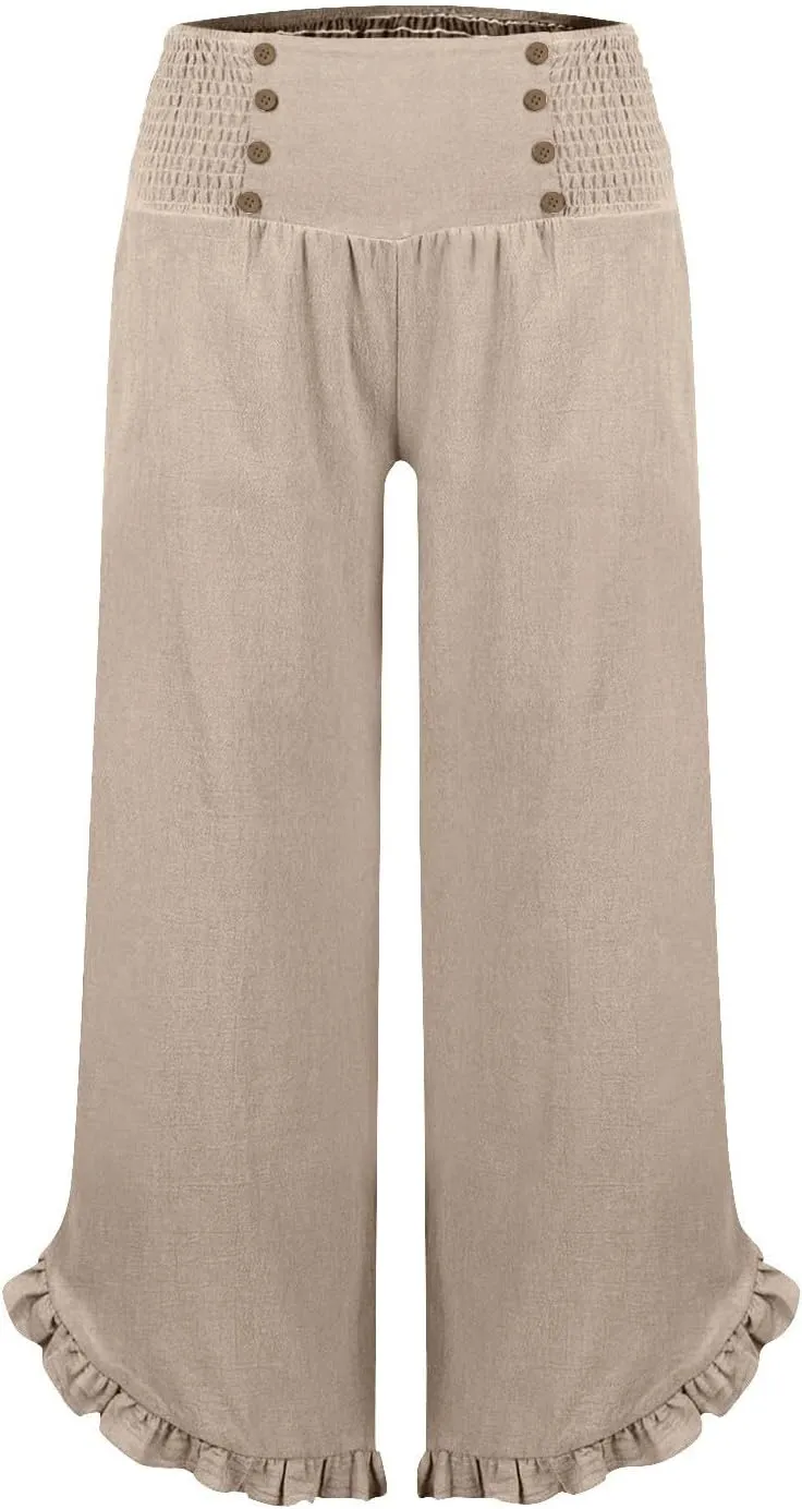 Women Linen Pants Summer Wide Leg Pants Smocked Waist Ruffle Hem Palazzo Pant Boho Flowy Beach Pant with Pocket