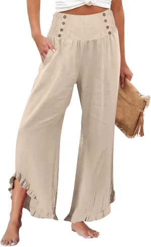 Women Linen Pants Summer Wide Leg Pants Smocked Waist Ruffle Hem Palazzo Pant Boho Flowy Beach Pant with Pocket