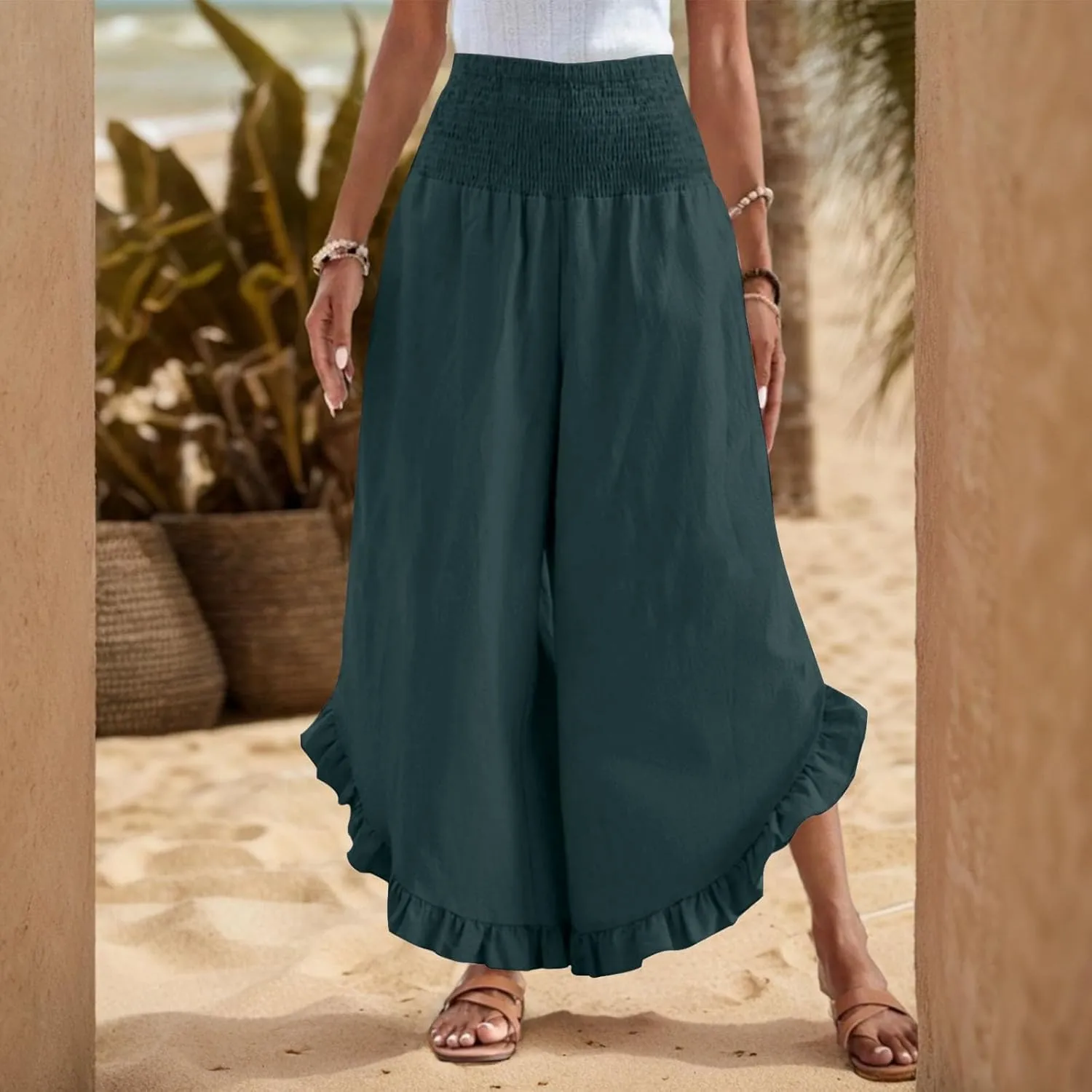 Women Linen Pants Summer Wide Leg Pants Smocked Waist Ruffle Hem Palazzo Pant Boho Flowy Beach Pant with Pocket
