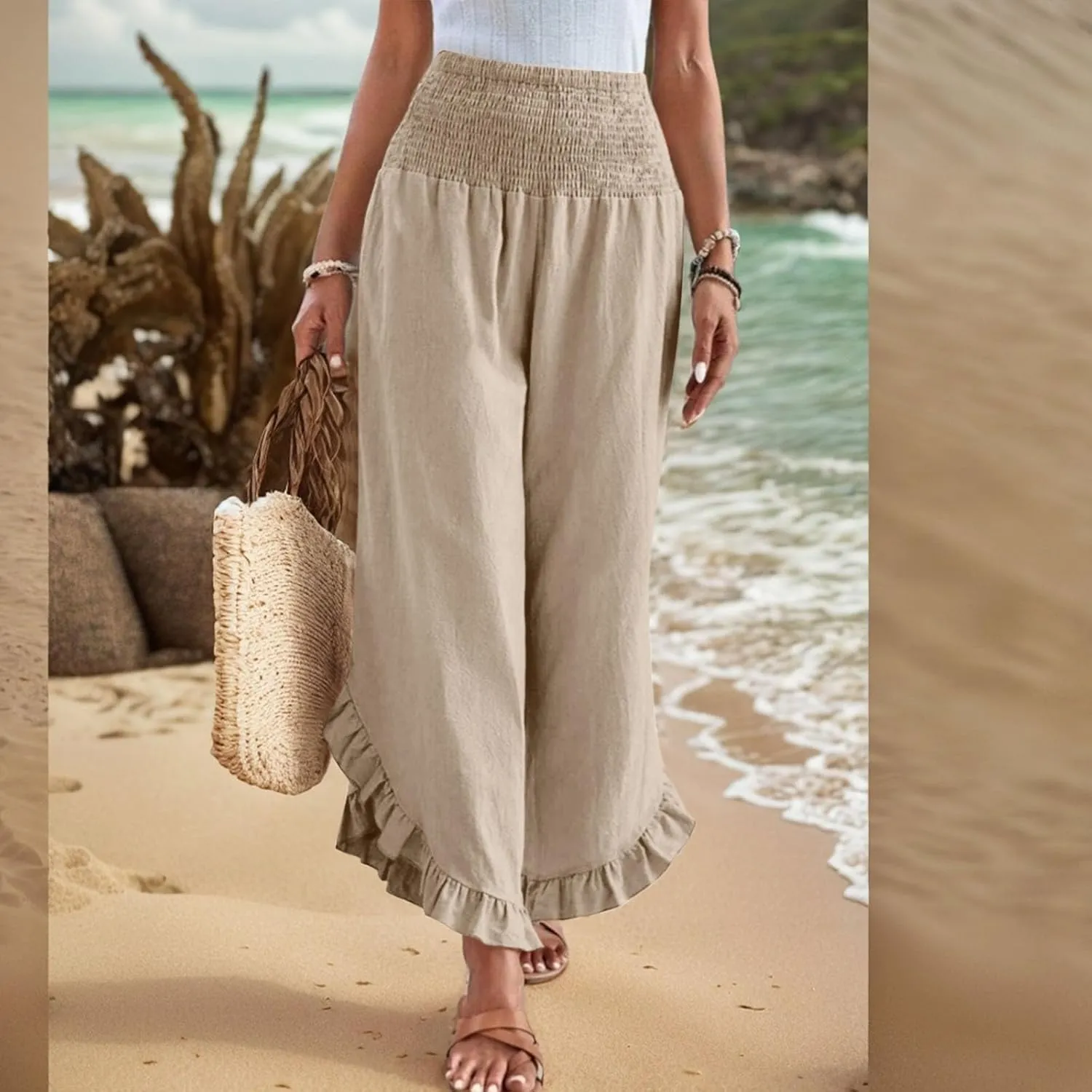 Women Linen Pants Summer Wide Leg Pants Smocked Waist Ruffle Hem Palazzo Pant Boho Flowy Beach Pant with Pocket