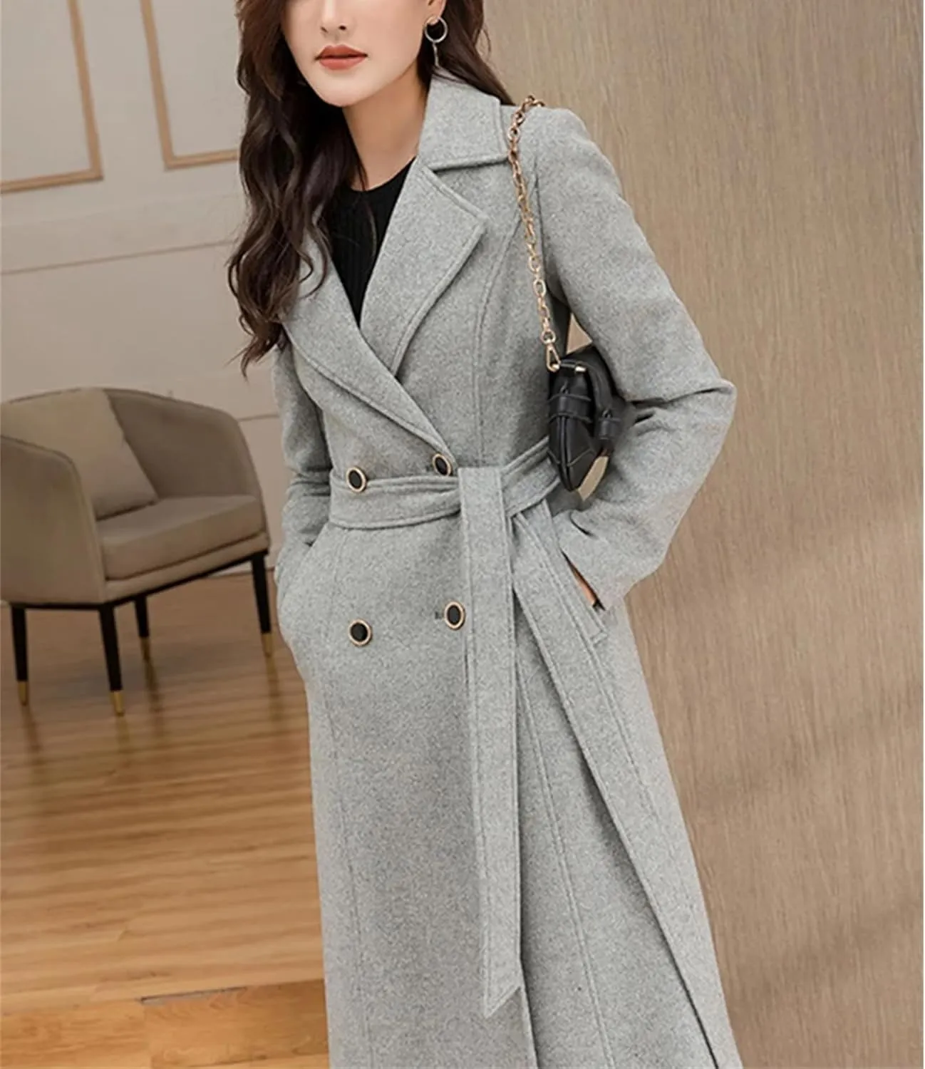 Women Long Woolen Coat Winter Suit Collar Belt Slim Wool Blends Overcoat
