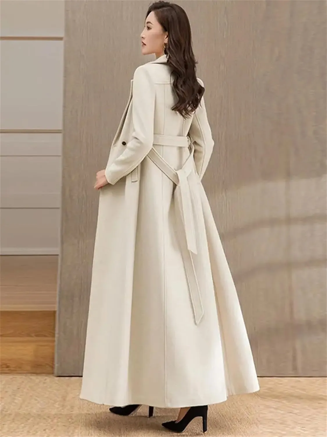 Women Long Woolen Coat Winter Suit Collar Belt Slim Wool Blends Overcoat