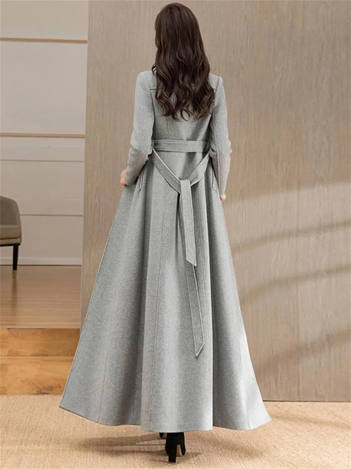 Women Long Woolen Coat Winter Suit Collar Belt Slim Wool Blends Overcoat