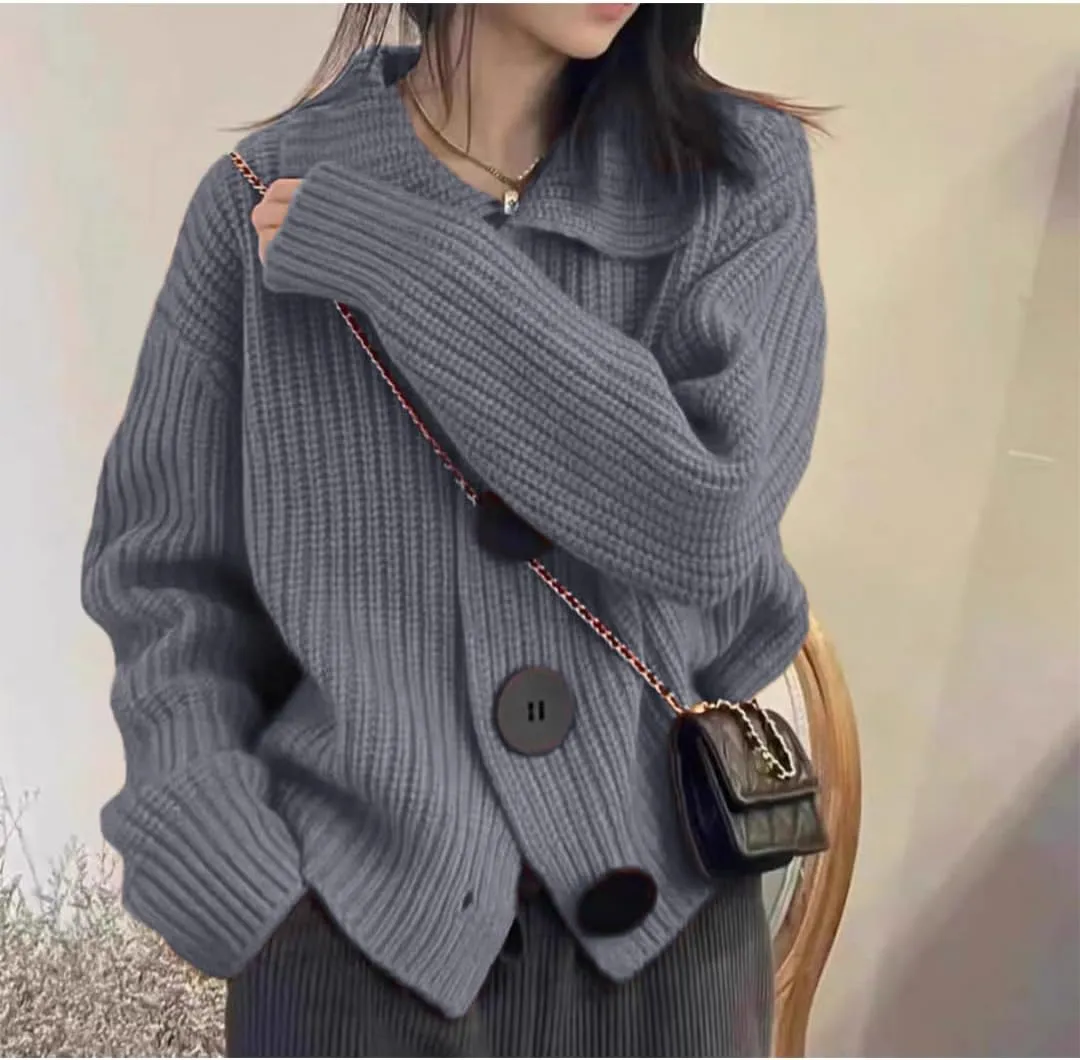 Women Open Front Knit Sweater Long Sleeve Cardigan Sweater Casual Loose Button Lapel Cardigan Coat