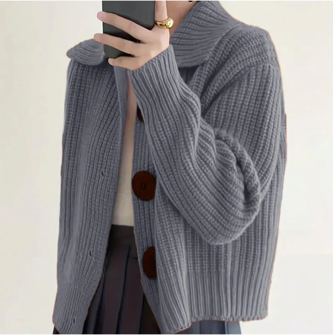 Women Open Front Knit Sweater Long Sleeve Cardigan Sweater Casual Loose Button Lapel Cardigan Coat
