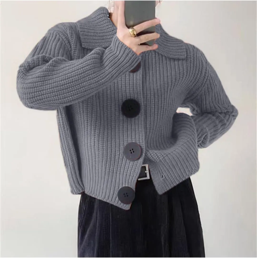 Women Open Front Knit Sweater Long Sleeve Cardigan Sweater Casual Loose Button Lapel Cardigan Coat