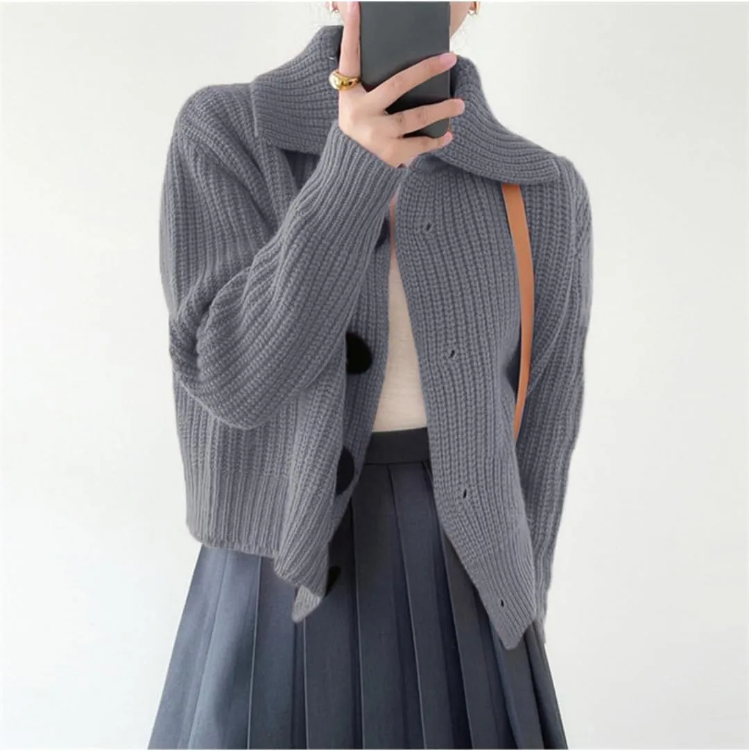 Women Open Front Knit Sweater Long Sleeve Cardigan Sweater Casual Loose Button Lapel Cardigan Coat
