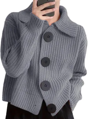 Women Open Front Knit Sweater Long Sleeve Cardigan Sweater Casual Loose Button Lapel Cardigan Coat