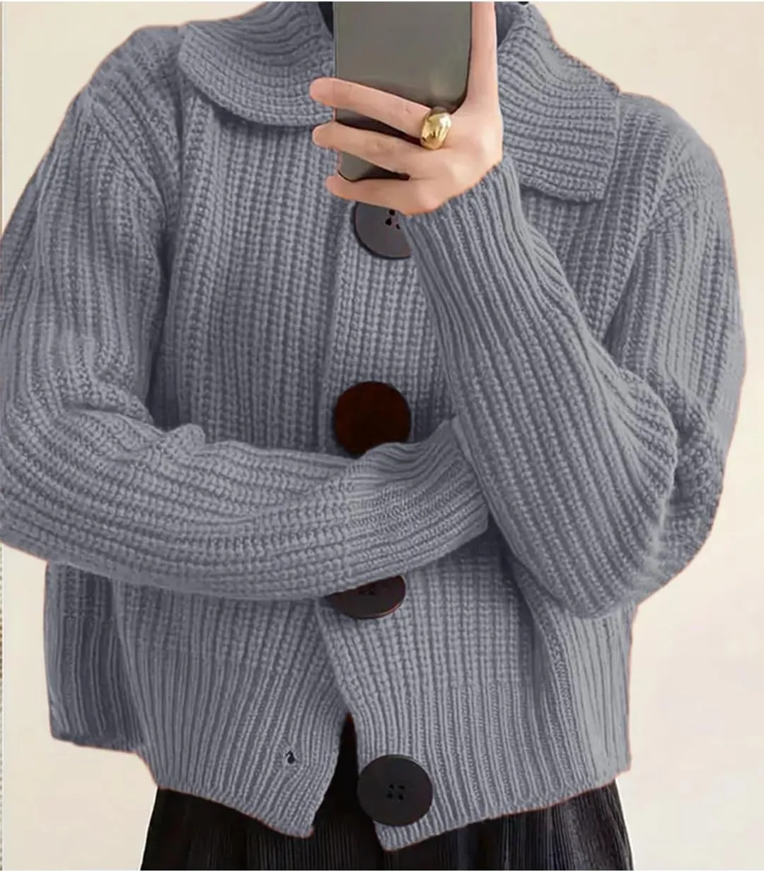Women Open Front Knit Sweater Long Sleeve Cardigan Sweater Casual Loose Button Lapel Cardigan Coat
