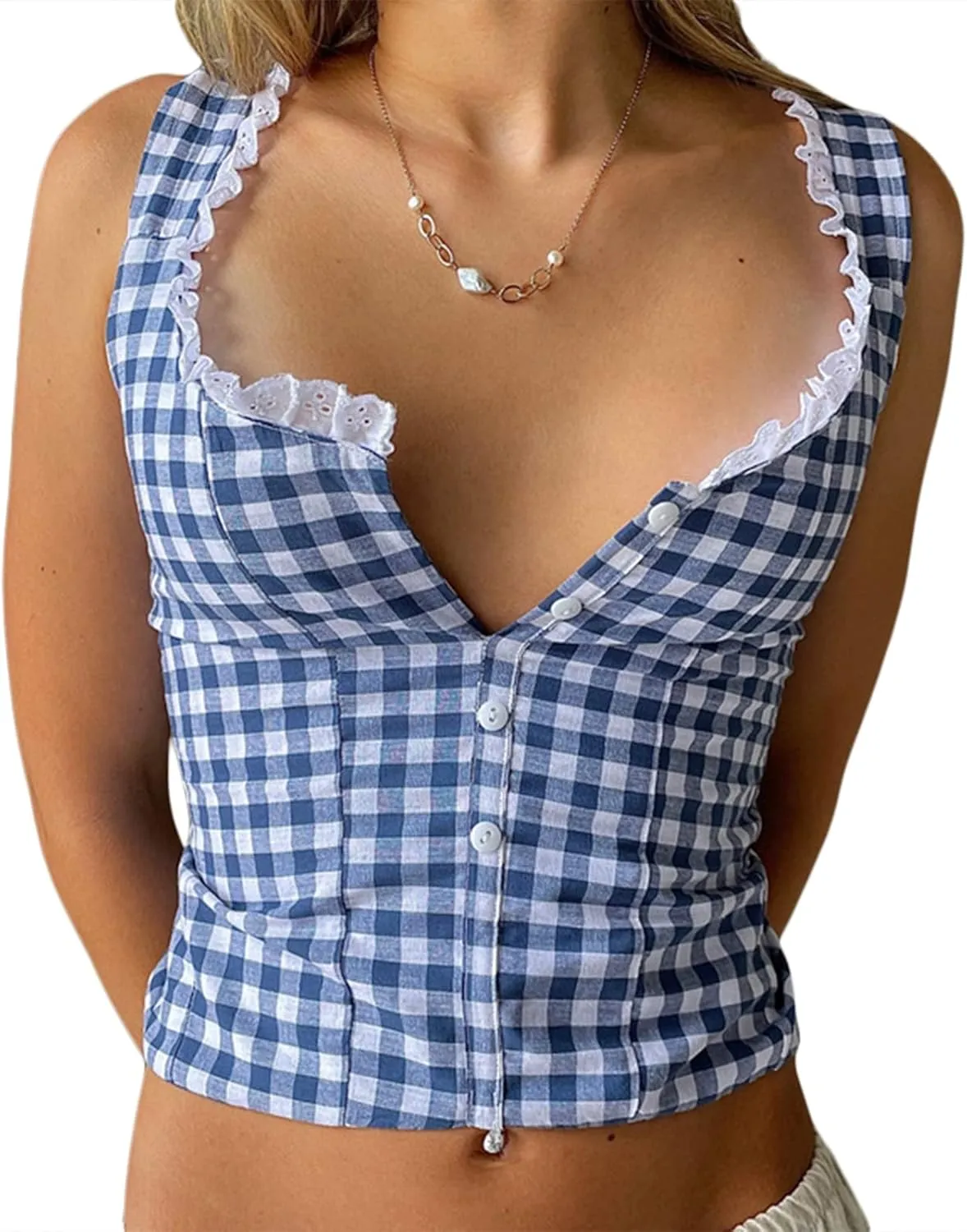 Women Sexy Lace Patchwork Crop Top Spaghetti Strap Push Up Bustier Tank Top Backless Summer Aesthetic Cami Top