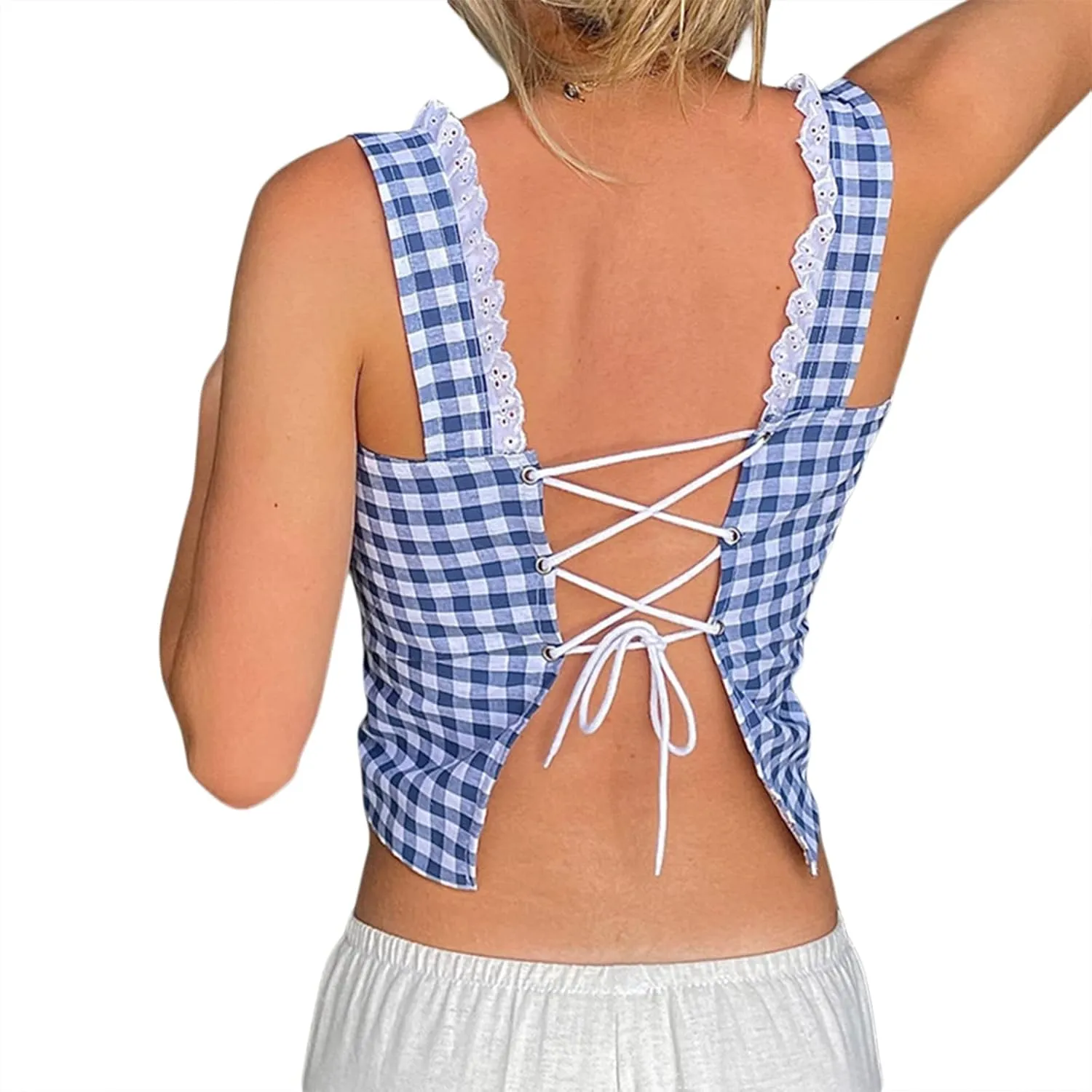 Women Sexy Lace Patchwork Crop Top Spaghetti Strap Push Up Bustier Tank Top Backless Summer Aesthetic Cami Top