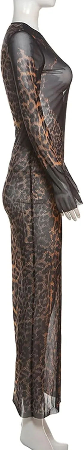 Women Sexy Sheer Leopard Print Maxi Dress Long Sleeve See Through Aesthetic Cheetah Print Bodycon Dresses