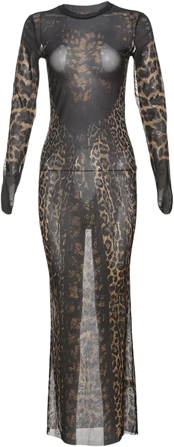 Women Sexy Sheer Leopard Print Maxi Dress Long Sleeve See Through Aesthetic Cheetah Print Bodycon Dresses