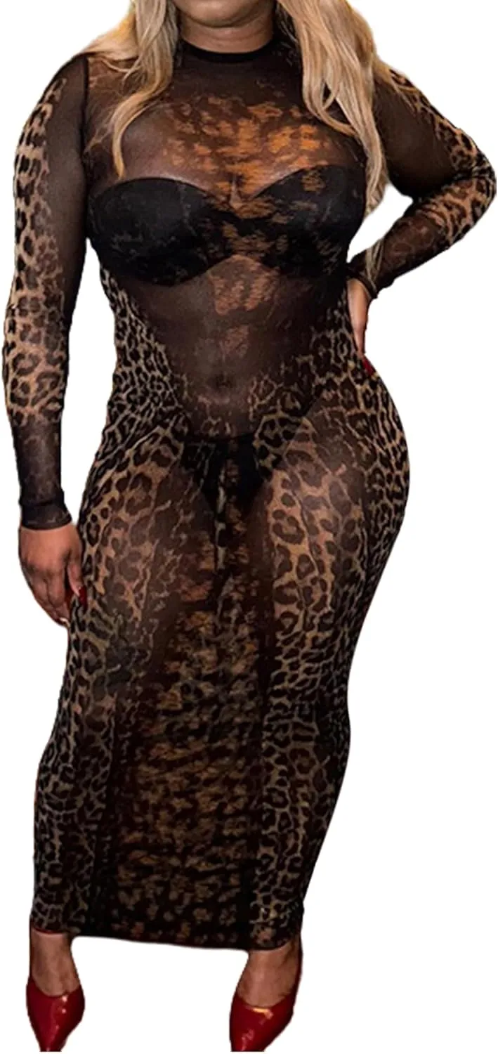 Women Sexy Sheer Leopard Print Maxi Dress Long Sleeve See Through Aesthetic Cheetah Print Bodycon Dresses