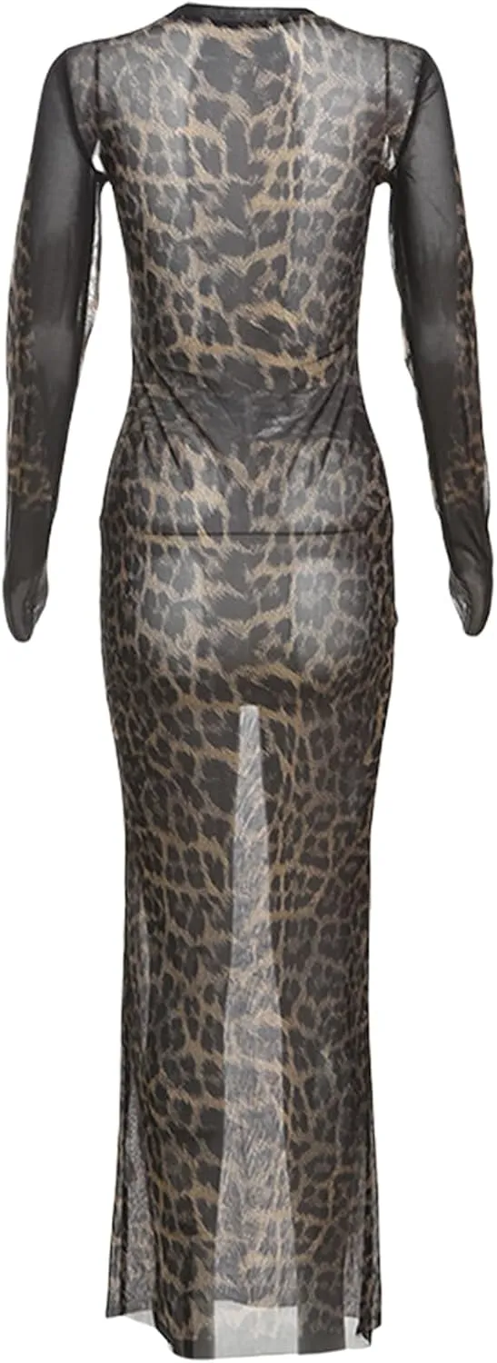 Women Sexy Sheer Leopard Print Maxi Dress Long Sleeve See Through Aesthetic Cheetah Print Bodycon Dresses