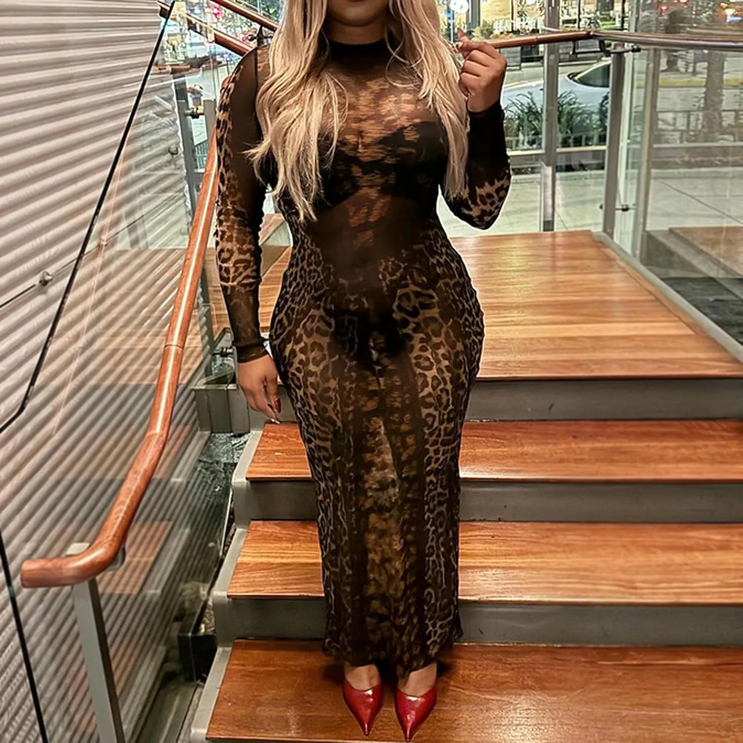 Women Sexy Sheer Leopard Print Maxi Dress Long Sleeve See Through Aesthetic Cheetah Print Bodycon Dresses