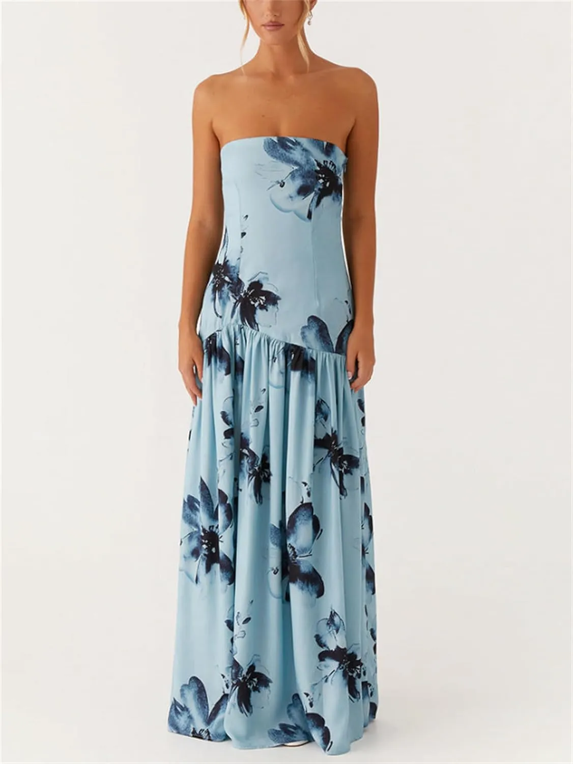 Women Sexy Tube Maxi Dress Strapless Off Shoulder High Split Floral Pritnting Bodycon Long Dress for Beach Evening