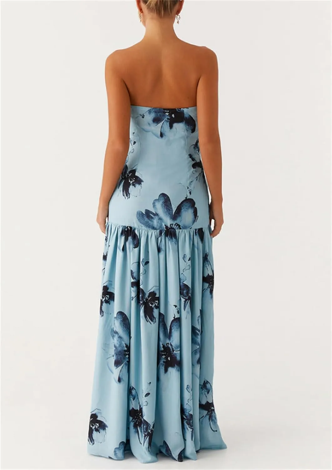 Women Sexy Tube Maxi Dress Strapless Off Shoulder High Split Floral Pritnting Bodycon Long Dress for Beach Evening
