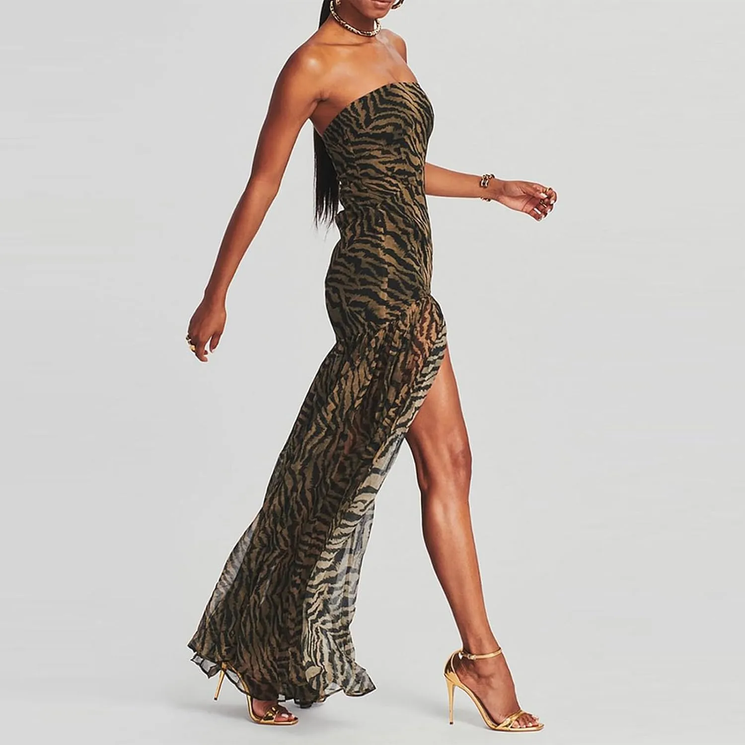 Women Sexy Tube Maxi Dress Strapless Off Shoulder High Split Floral Pritnting Bodycon Long Dress for Beach Evening