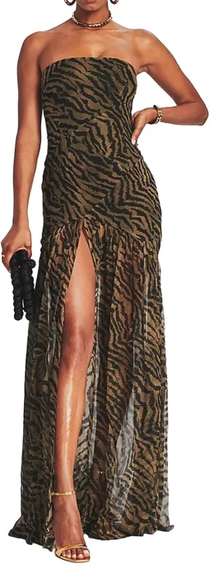 Women Sexy Tube Maxi Dress Strapless Off Shoulder High Split Floral Pritnting Bodycon Long Dress for Beach Evening