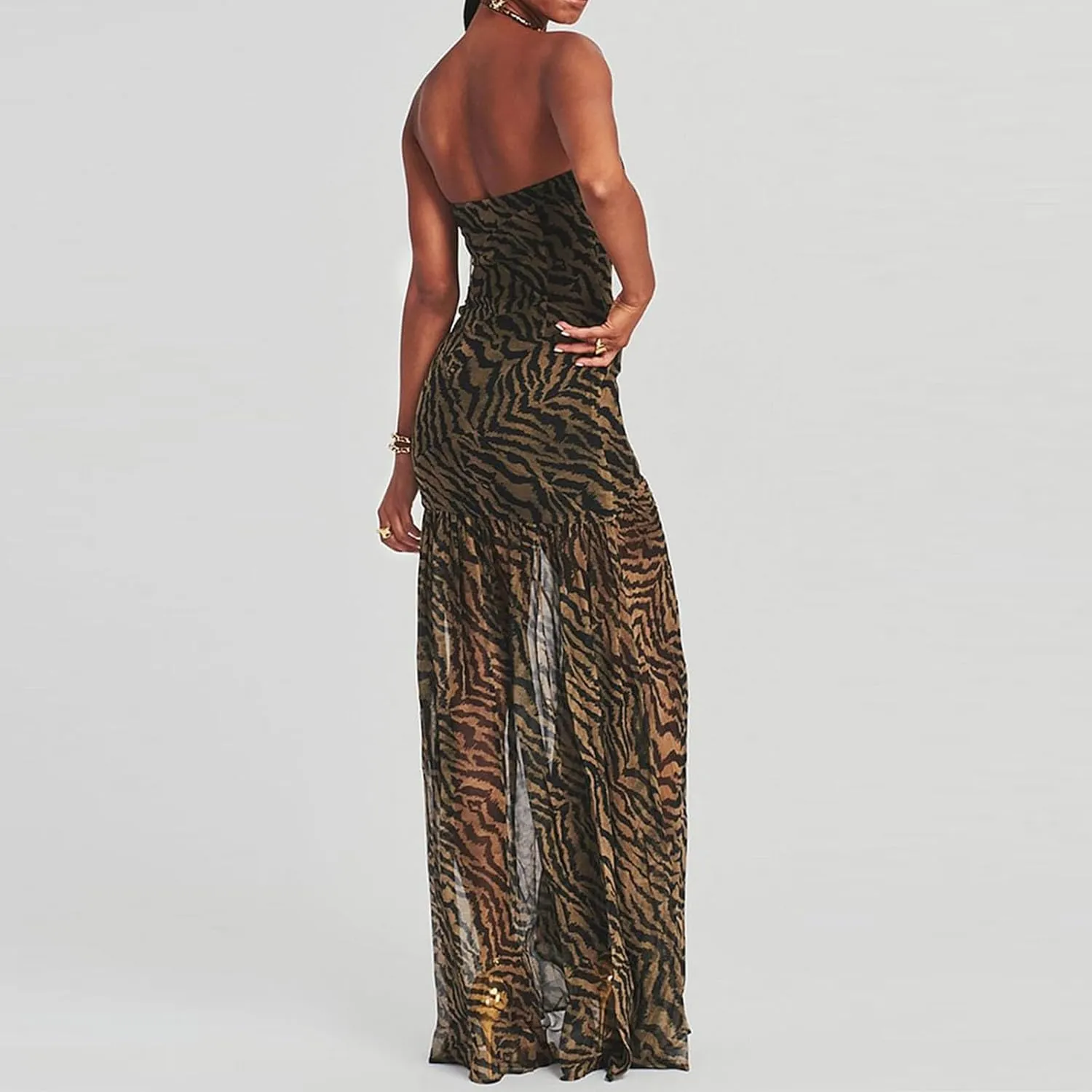 Women Sexy Tube Maxi Dress Strapless Off Shoulder High Split Floral Pritnting Bodycon Long Dress for Beach Evening
