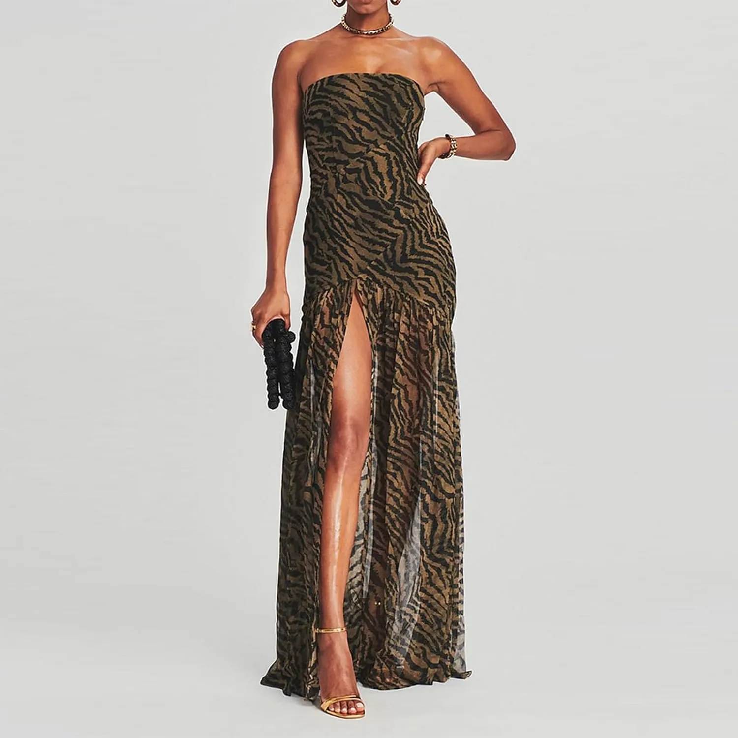Women Sexy Tube Maxi Dress Strapless Off Shoulder High Split Floral Pritnting Bodycon Long Dress for Beach Evening