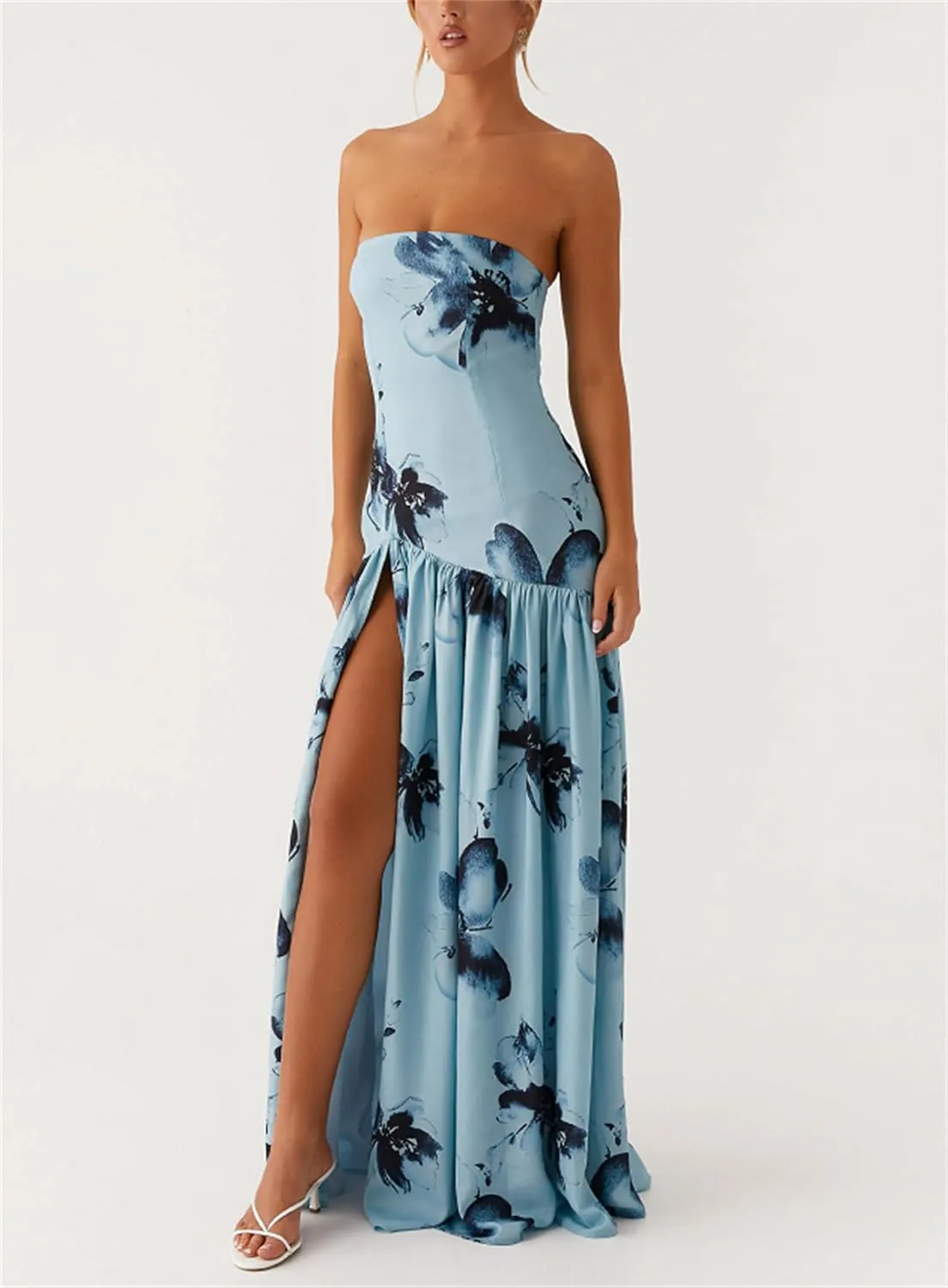 Women Sexy Tube Maxi Dress Strapless Off Shoulder High Split Floral Pritnting Bodycon Long Dress for Beach Evening