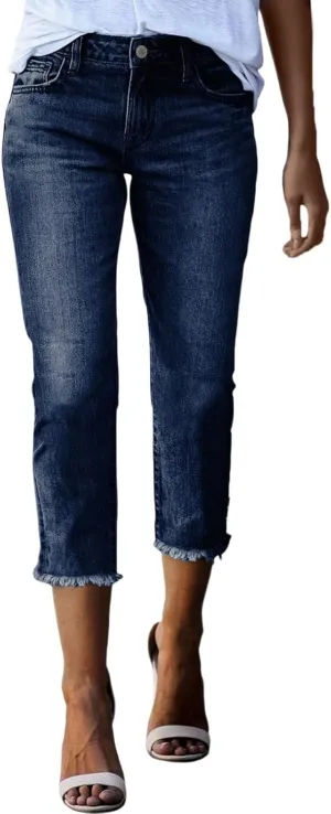 Women Slim Fit Cropped Jeans Trendy 3/4 Length Small Leg Denim Pant Daily Office Work Regular Gradient Casual Trouser