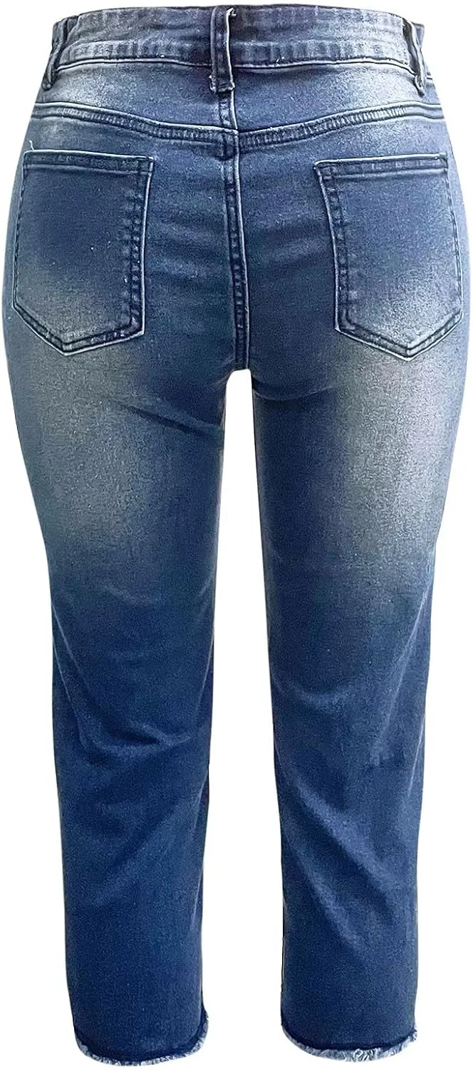 Women Slim Fit Cropped Jeans Trendy 3/4 Length Small Leg Denim Pant Daily Office Work Regular Gradient Casual Trouser