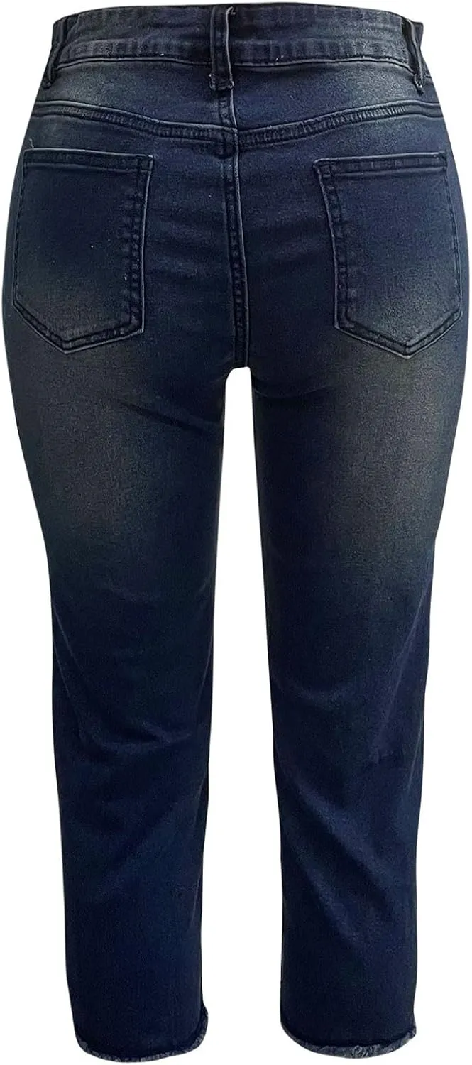Women Slim Fit Cropped Jeans Trendy 3/4 Length Small Leg Denim Pant Daily Office Work Regular Gradient Casual Trouser