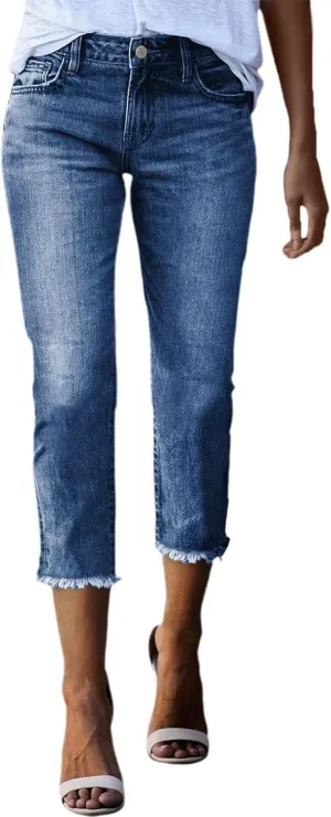 Women Slim Fit Cropped Jeans Trendy 3/4 Length Small Leg Denim Pant Daily Office Work Regular Gradient Casual Trouser