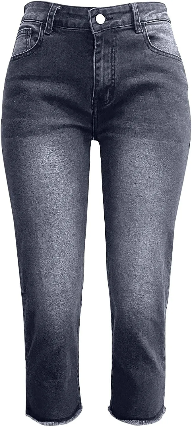 Women Slim Fit Cropped Jeans Trendy 3/4 Length Small Leg Denim Pant Daily Office Work Regular Gradient Casual Trouser