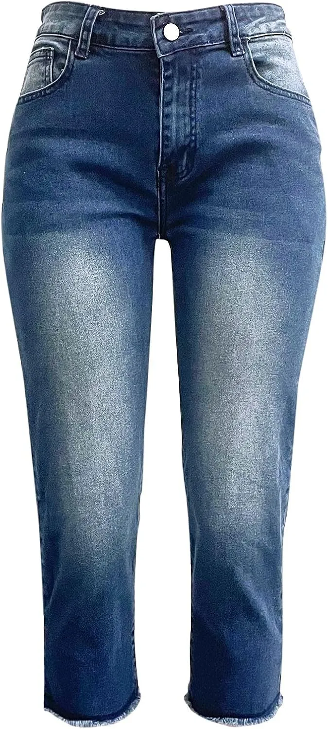 Women Slim Fit Cropped Jeans Trendy 3/4 Length Small Leg Denim Pant Daily Office Work Regular Gradient Casual Trouser