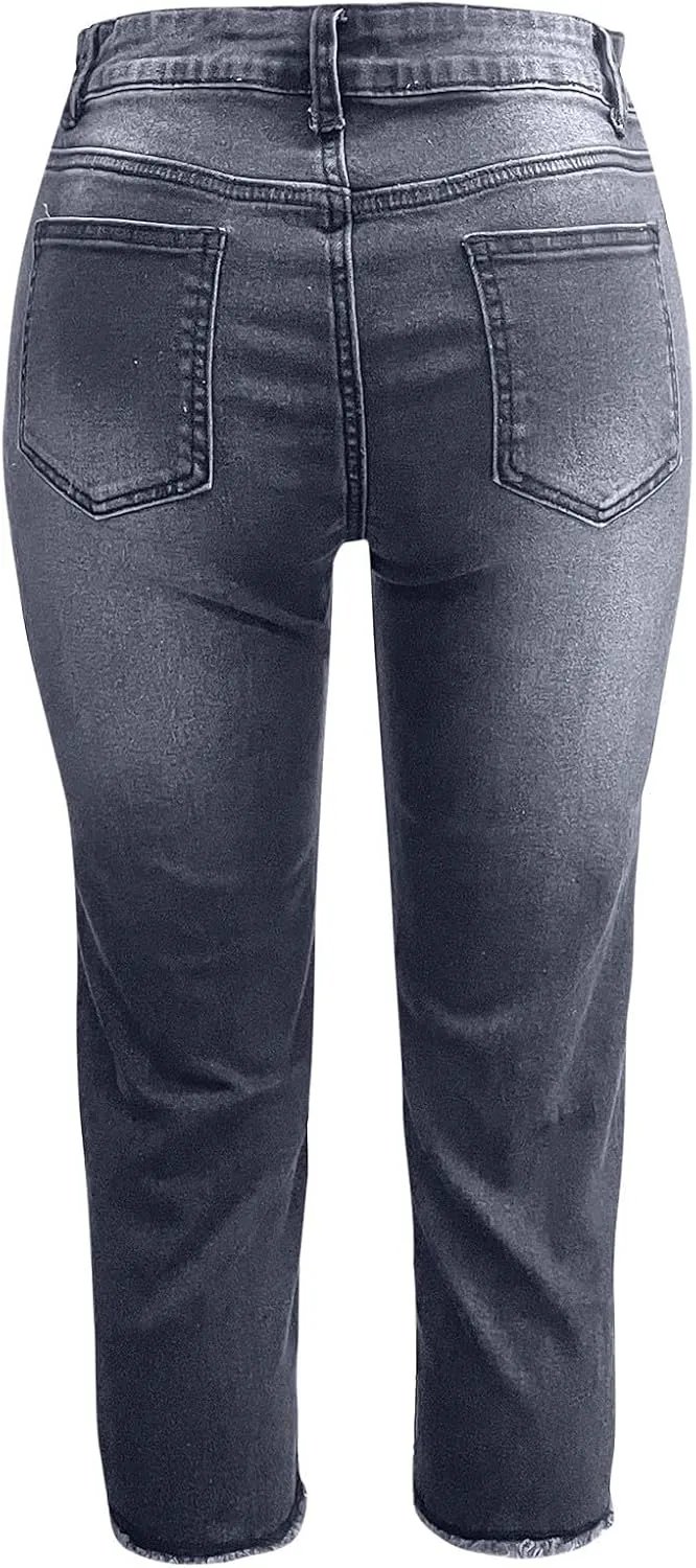 Women Slim Fit Cropped Jeans Trendy 3/4 Length Small Leg Denim Pant Daily Office Work Regular Gradient Casual Trouser