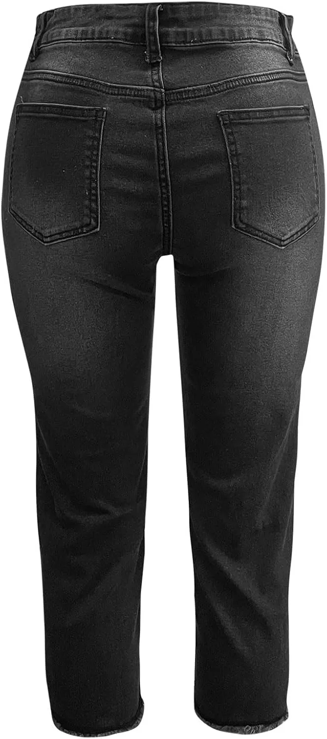 Women Slim Fit Cropped Jeans Trendy 3/4 Length Small Leg Denim Pant Daily Office Work Regular Gradient Casual Trouser