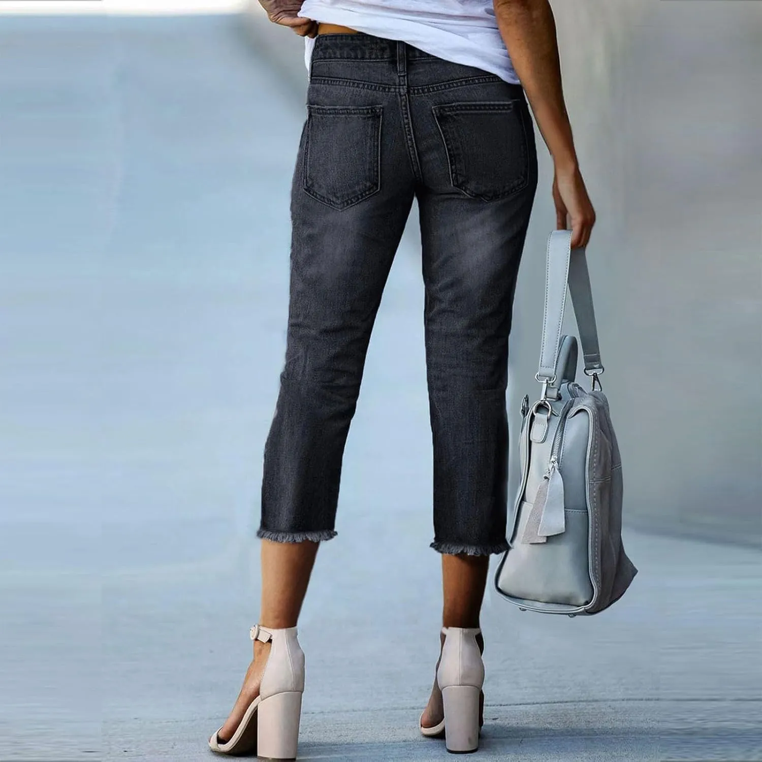 Women Slim Fit Cropped Jeans Trendy 3/4 Length Small Leg Denim Pant Daily Office Work Regular Gradient Casual Trouser