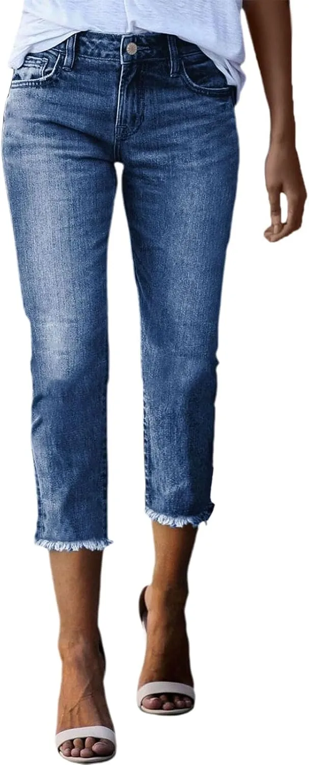 Women Slim Fit Cropped Jeans Trendy 3/4 Length Small Leg Denim Pant Daily Office Work Regular Gradient Casual Trouser