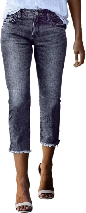 Women Slim Fit Cropped Jeans Trendy 3/4 Length Small Leg Denim Pant Daily Office Work Regular Gradient Casual Trouser