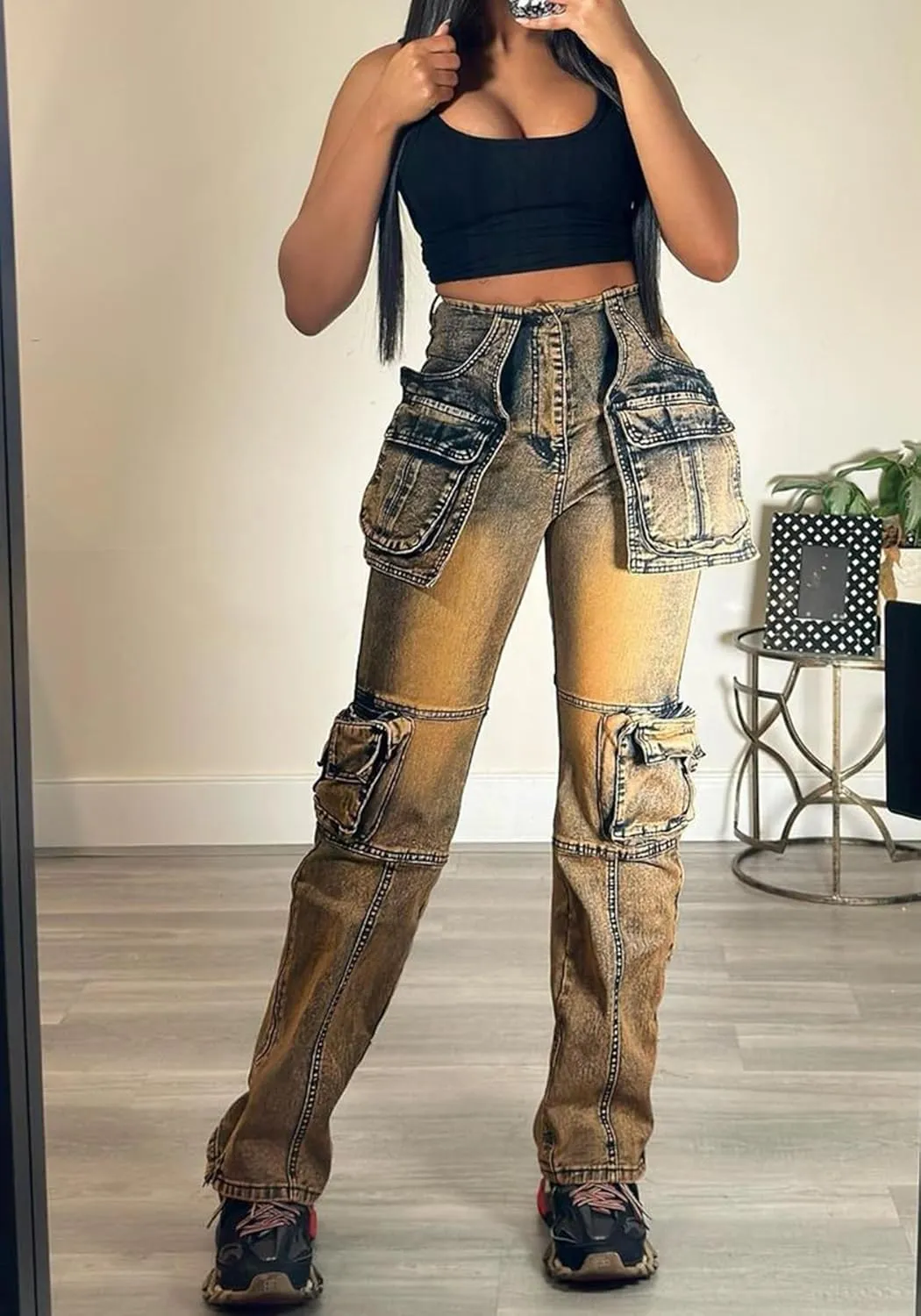 Women Stretch Cargo Jeans Y2k Boyfriend High Waisted Straight Leg Pockets Street Denim Pants