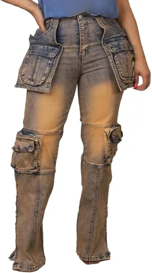 Women Stretch Cargo Jeans Y2k Boyfriend High Waisted Straight Leg Pockets Street Denim Pants