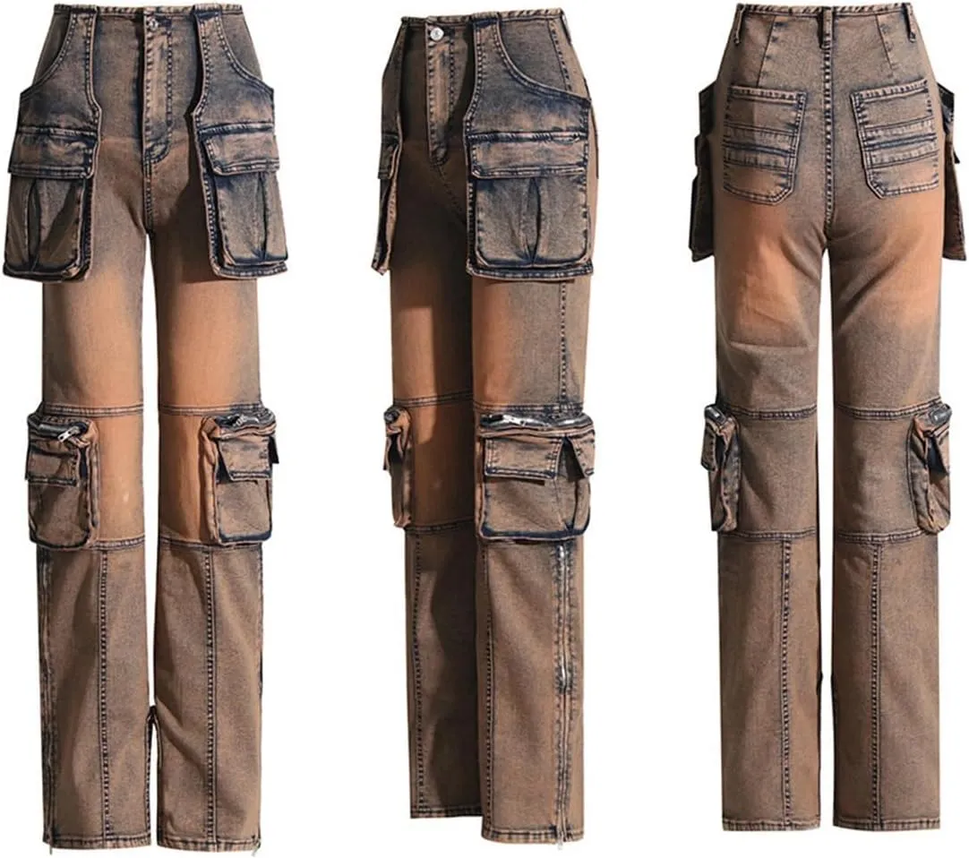 Women Stretch Cargo Jeans Y2k Boyfriend High Waisted Straight Leg Pockets Street Denim Pants