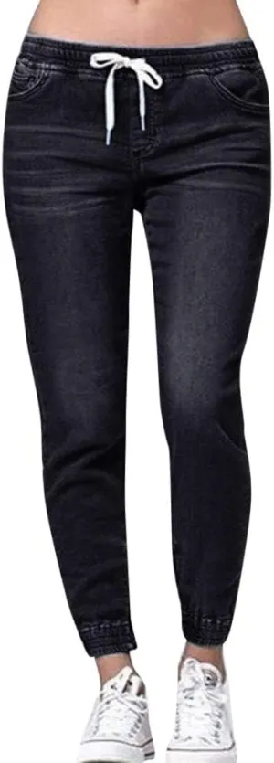 Women Stretch Waist Denim Pants 2025 Trendy Gradient Drawstring Cuffed Jeans Tummy Control Work Dressy Casual Trouser