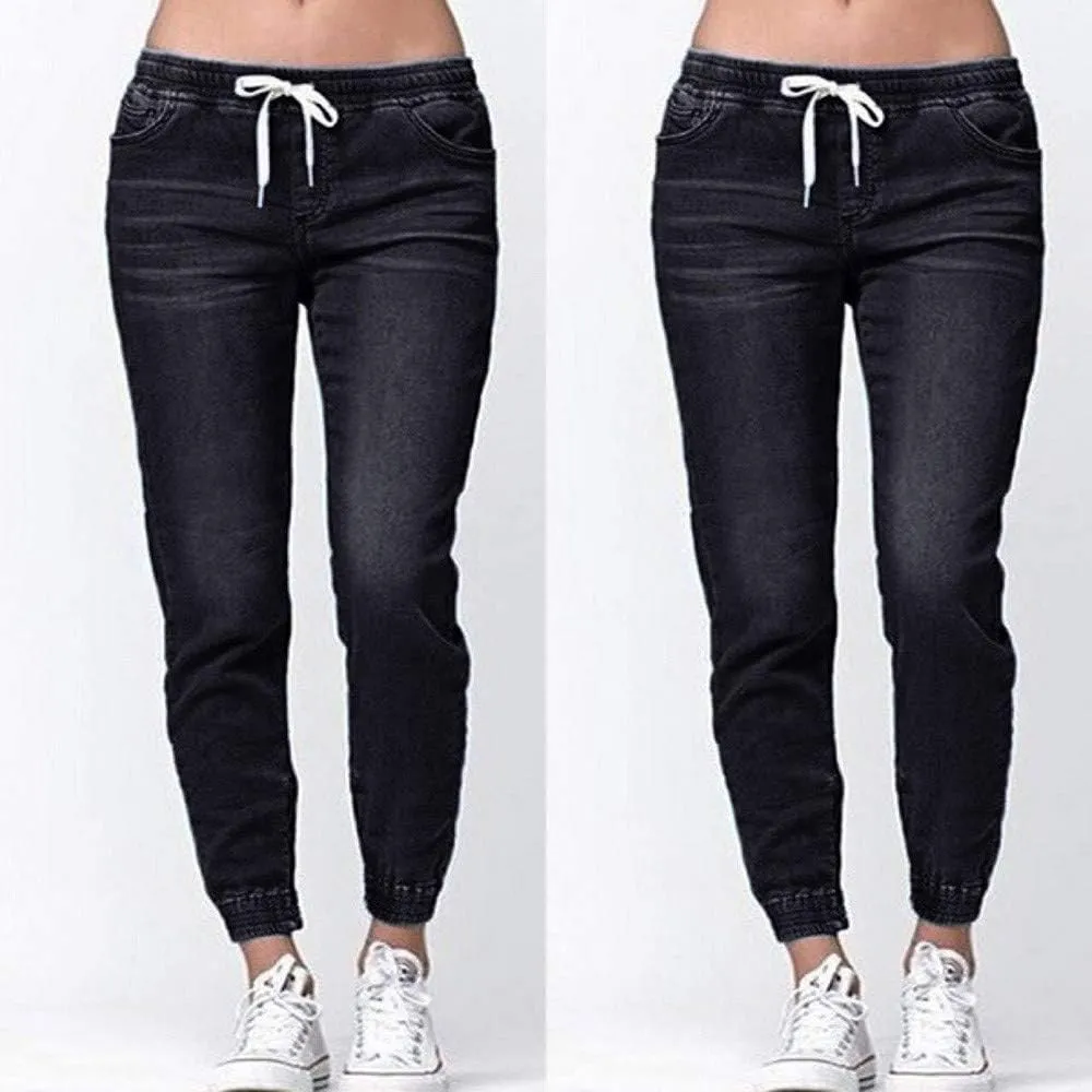 Women Stretch Waist Denim Pants 2025 Trendy Gradient Drawstring Cuffed Jeans Tummy Control Work Dressy Casual Trouser