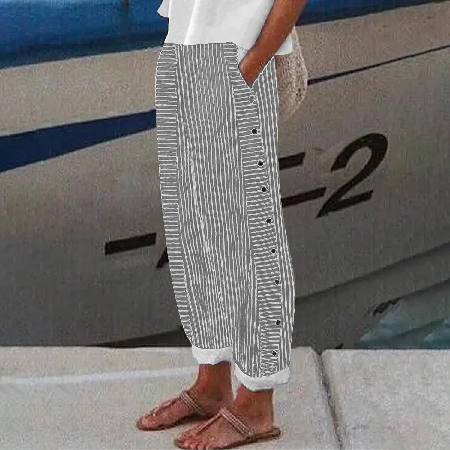 Women Stripe Cotton Linen Pants Fashion Straight Leg Side Button Work Dressy Trousers Elastic Waist Casual Sweatpants